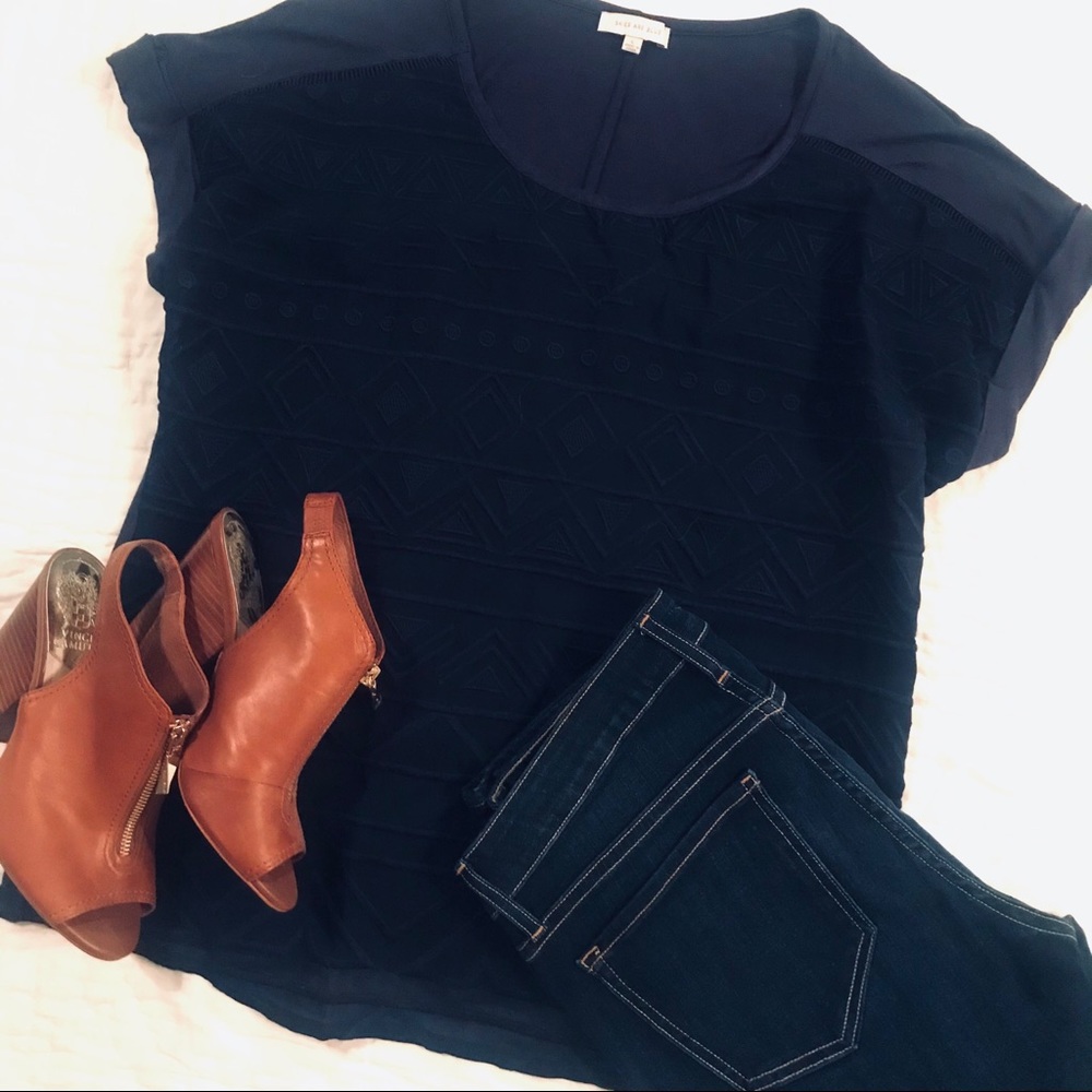 Skies Are Blue - Navy Embroidered Top - Size Large